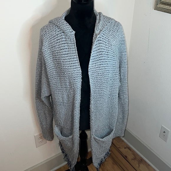Free People Love Me Tender open Cardigan light blue fringe bottom hoodie Sz M - Picture 3 of 13